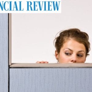 woman peaking over cubicle