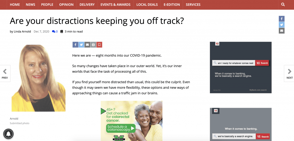 Screen Shot of Article 'Are your distractions keeping you off track?' on WV News