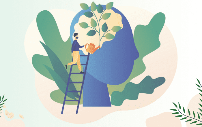 An illustration of a man watering a plant growing in someone's mind.