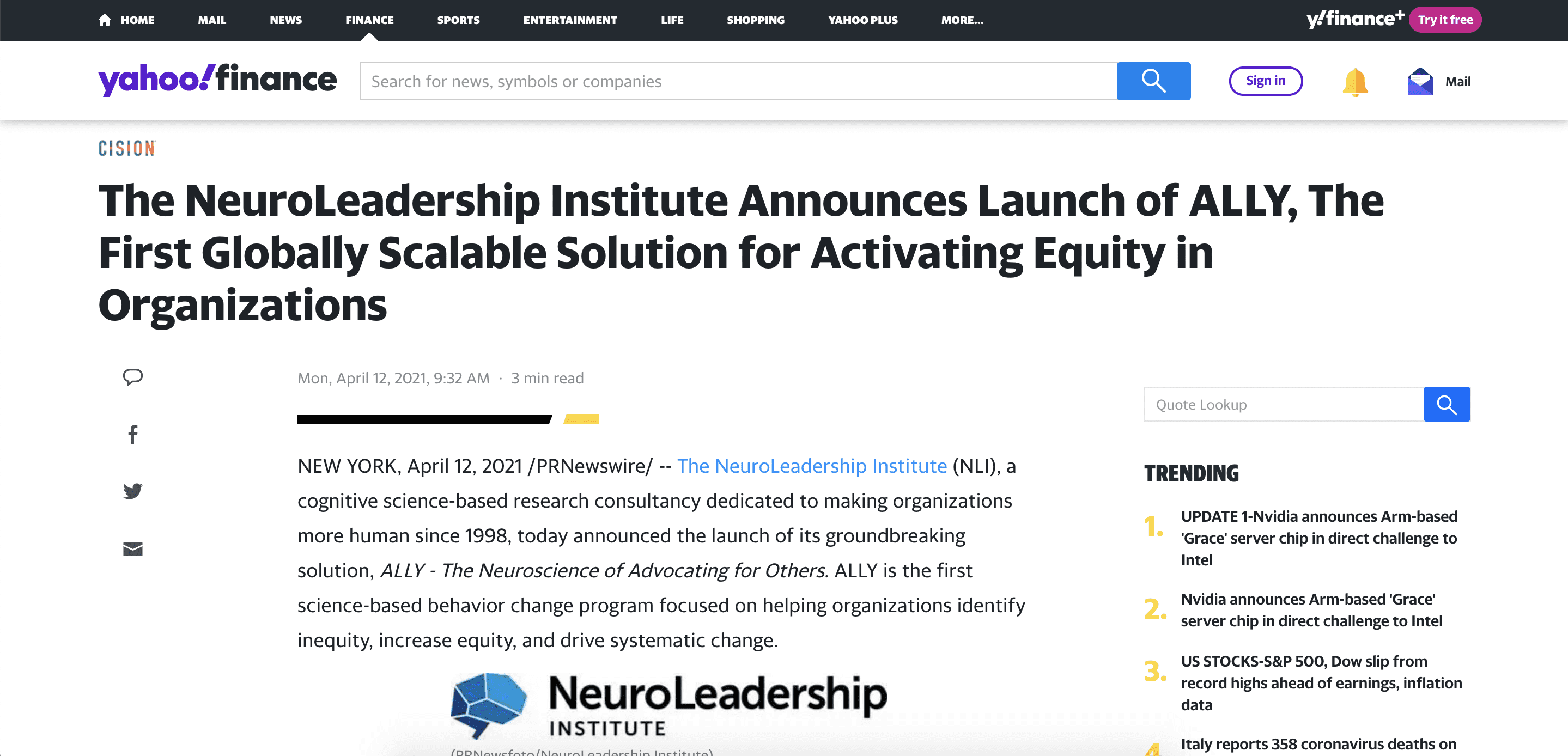 Yahoo! Finance: The NeuroLeadership Institute Announces Launch of ALLY, The First Globally Scalable Solution for Activating Equity in Organizations