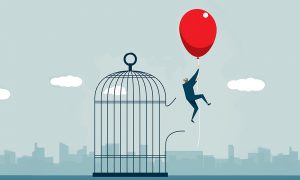 animation jumping out of bird cage with red balloon