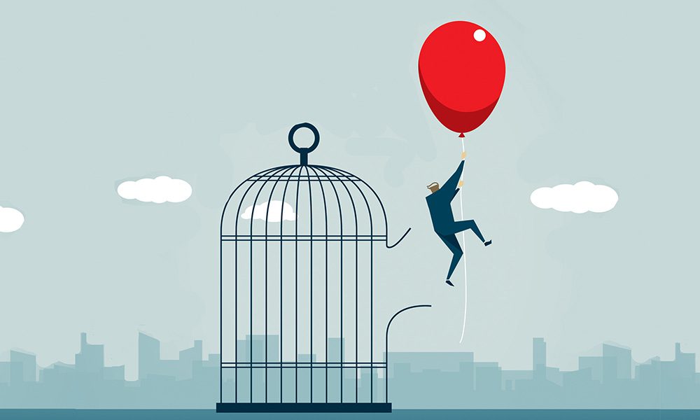 animation jumping out of bird cage with red balloon