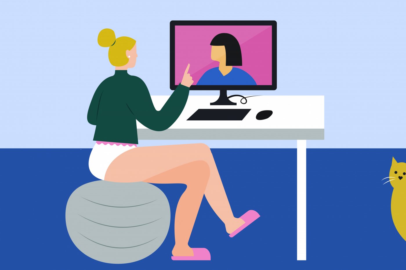 animated woman sitting on bouncy ball video chatting