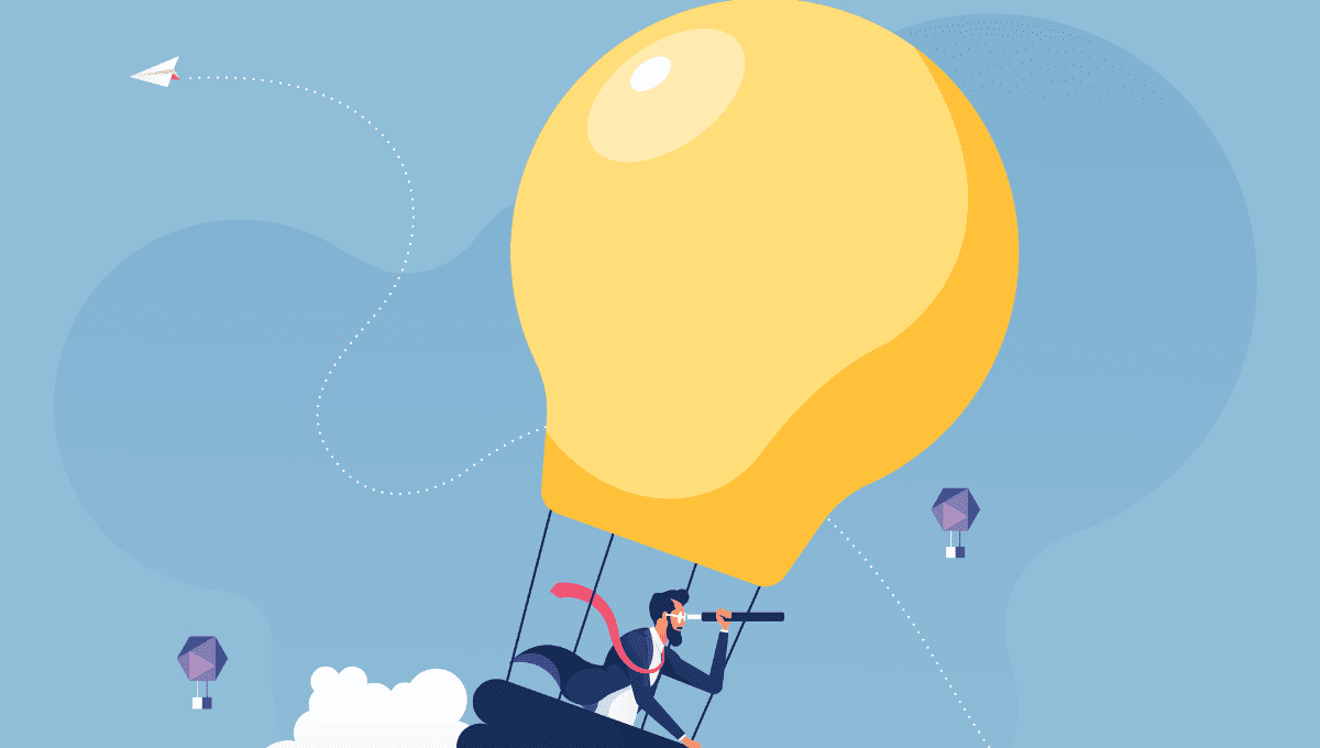 illustration of a Businessman searching for insights in light bulb shaped hot air balloon
