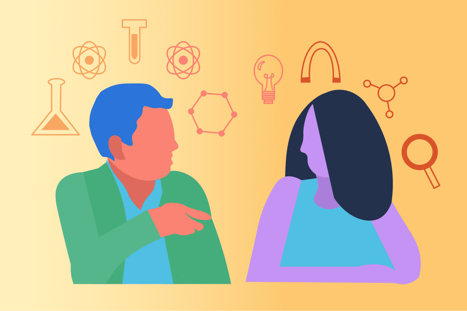 an illustration of two people speaking to each other