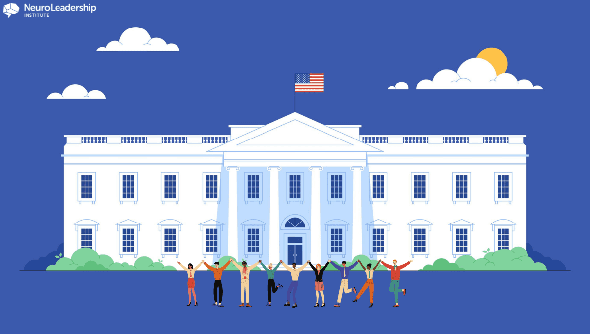 An image of a diverse group of people standing in front of an illustration of the United States' "White House". This is the featured image for an article that is titled "Three Ways To Use Science to Implement Biden’s Executive Order on DEIA".