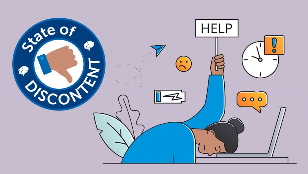 An image depicting an overwhelmed employee with their head down at their desk, waving a flag that reads "help". An advertisement for the NeuroLeadership Institute's State of Discontent series.