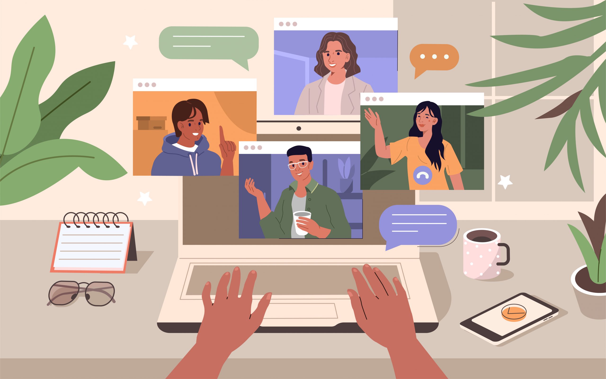 This is an image depicting employees having a discussion using a remote conferencing platform, demonstrating how we tend to connect in the Hybrid world. The image serves as an example for the NeuroLeadership Institute's point of view on platform-first cultures.