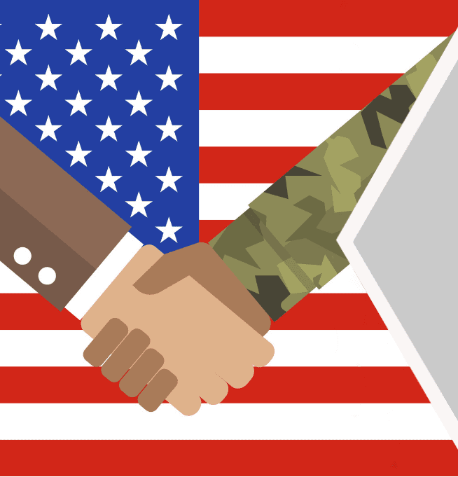 registration link depicting an illustration of an person wearing a suit shaking the hand of someone in an army uniform in front of the american flag