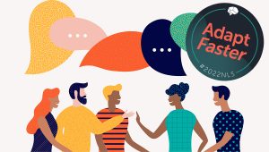 illustration of a group of diverse team members chatting with chat bubbles over their heads