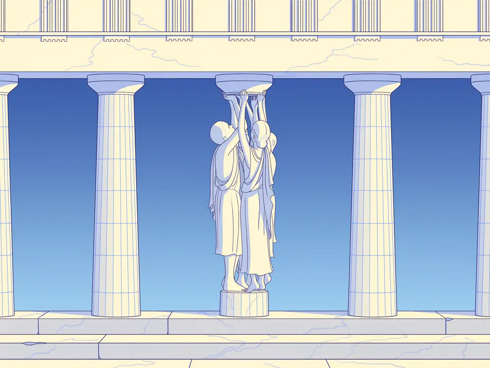 An illustration of greek statues of people holding up a pillar