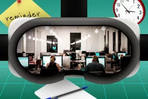 VR goggles take up the photo and looking through them we can see the backs of people at work on their computers in an open office environment