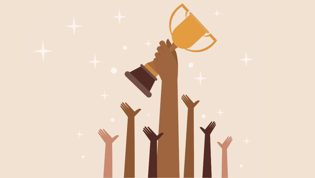 illustration of many hands reaching for a large trophy, one hand holds it