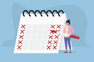 An illustration of a woman marking 'x' on every Sunday, Friday, and Saturday of a large calendar.