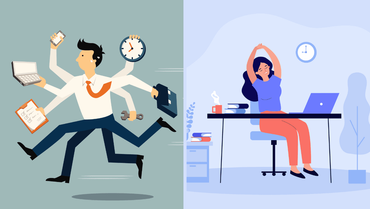 illustration of two people: one frantically juggling work tasks, one relaxing at their desk.