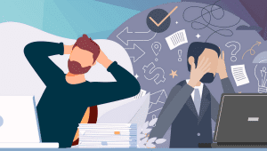 An illustration of one man relaxed at work while another is overloaded