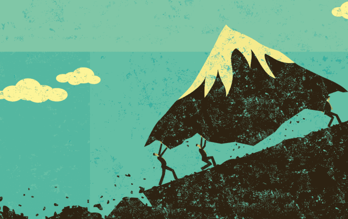 illustration of many people working together to move a mountain
