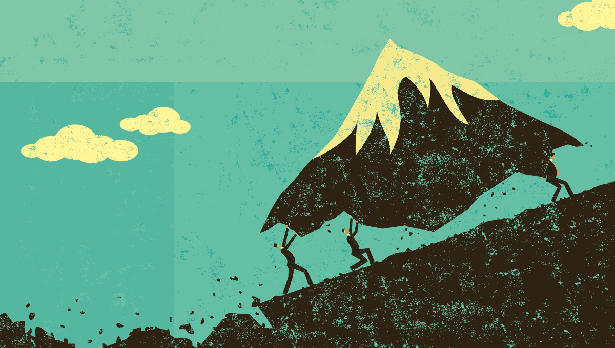 illustration of many people working together to move a mountain