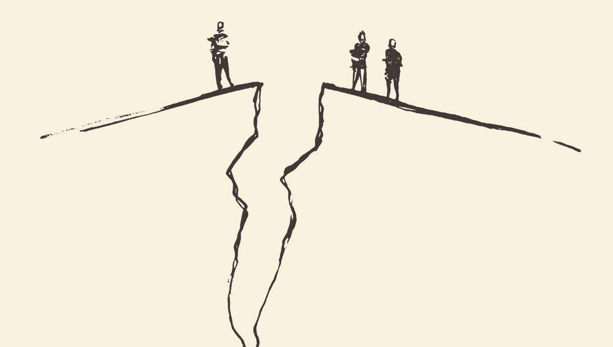 Illustration of two people on one side of a large valley looking at a person on the other side.
