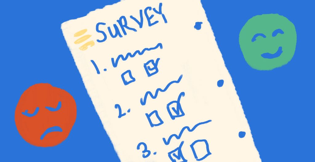 an illustration of an employee survey. To the right of the survey is a green smiley face. To the left of the survey is a red frowning face.