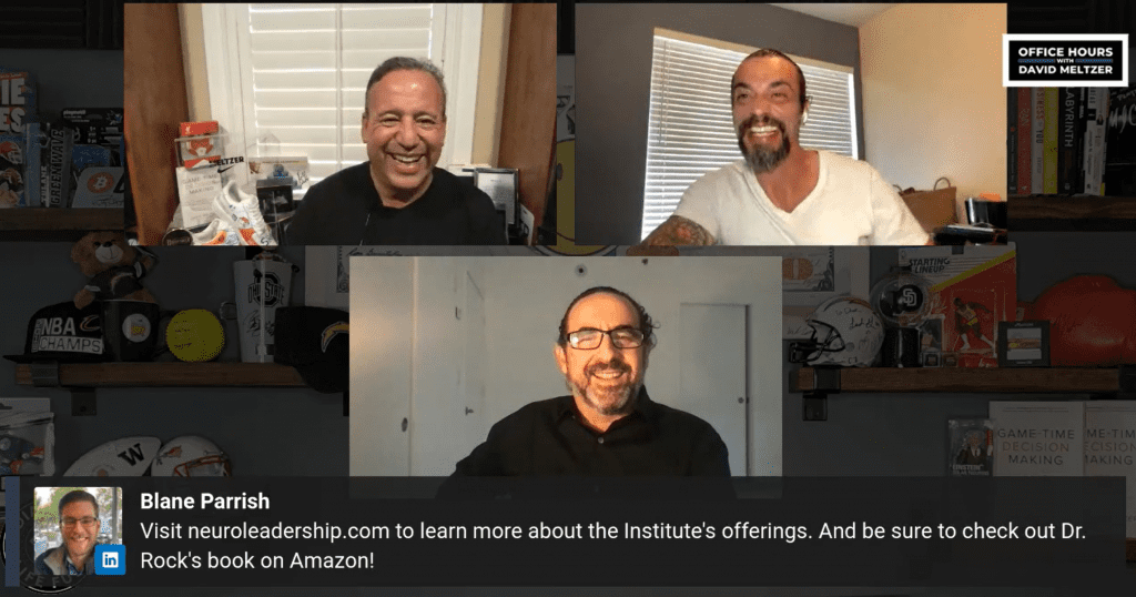 Photos of Dr. David Rock, David Meltzer, and Mike Diamond smiling on separate screens during the podcast discussion