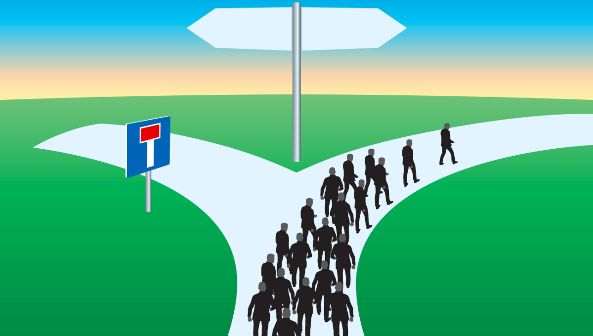 aced with two opposite directions, a group has the choice between following a one-way street or a dead end. (illustration)