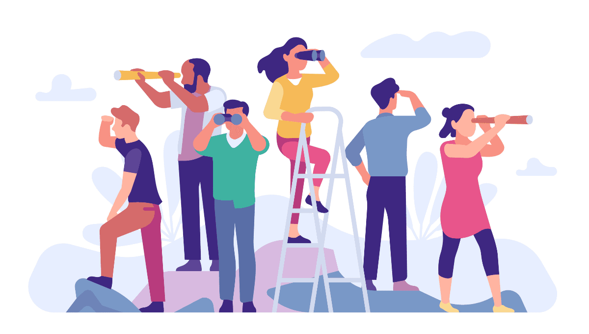 illustration of 6 people at a summit, using binoculars to peer into the clouds