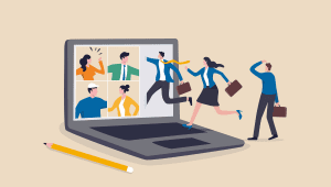 illutstration of workers running into a laptop screen to meet other workers
