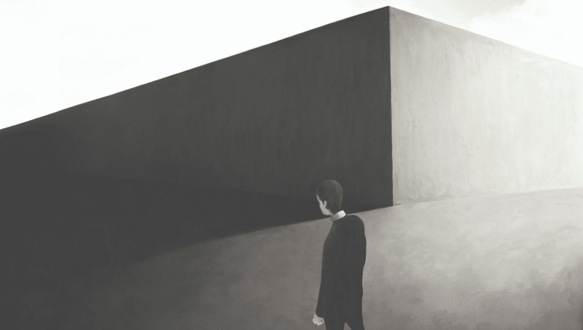 greyscale illustration of singular person in a dark room