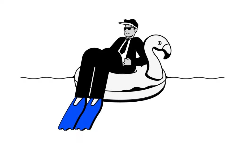 An illustration of a man sitting in a flamingo tube in water. He is wearing a black suit, blue flippers, a ballcap and sunglasses.