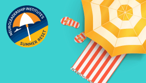 illustration of a yellow beach umbrella, red and white stripped flip flops, and a red and white stripped beach towel on a teal background with a badge on the left side that reads "NeuroLeadership Institutes Summer Reset"