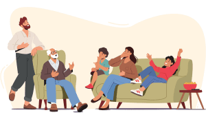 illustration of man sitting on couch telling a story while 4 others in the room are engaged