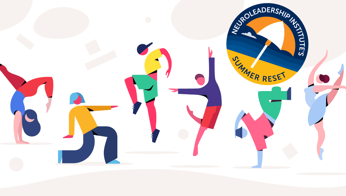 illustration of multiple people doing dance moves with a "NLI Summer Reset" stamp on the upper right corner