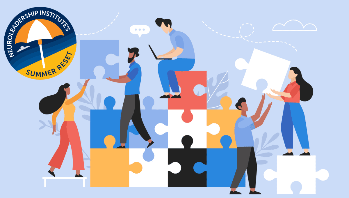 illustration of people building a lifesize puzzle