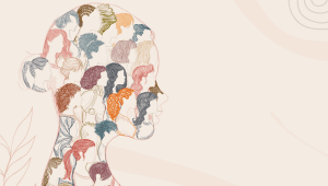 An illustrated image of a woman's head. Within her face are more faces displaying diversity