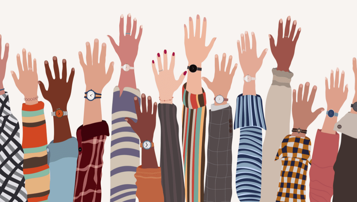 illustration of Group of raised arms and hands of multicultural colleagues or friends