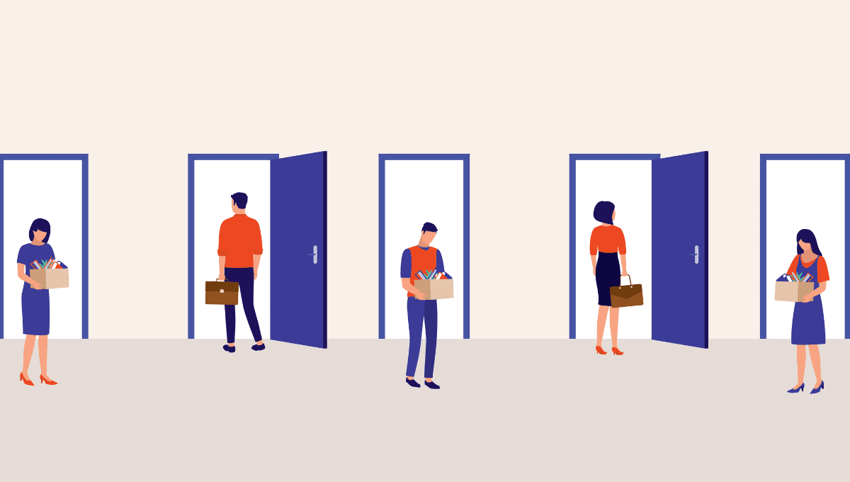illustration of people exiting and entering multiple doors