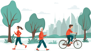 illustration of people exercising outdoors; walking, running, biking