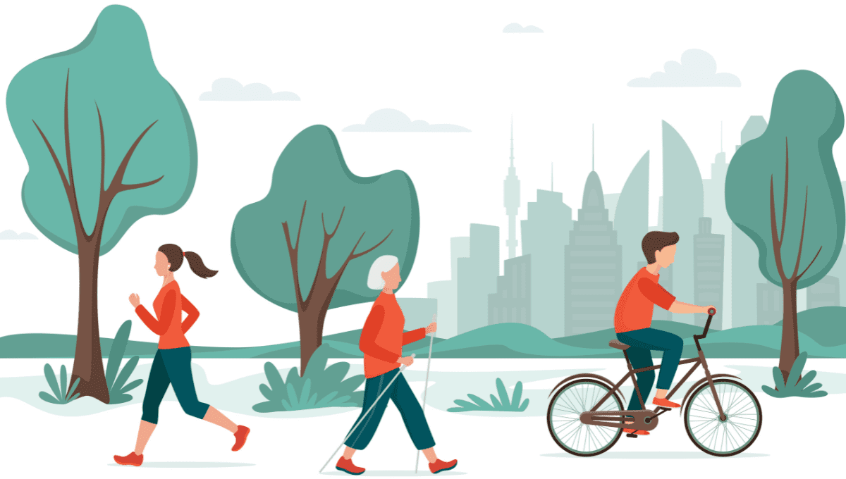 illustration of people exercising outdoors; walking, running, biking