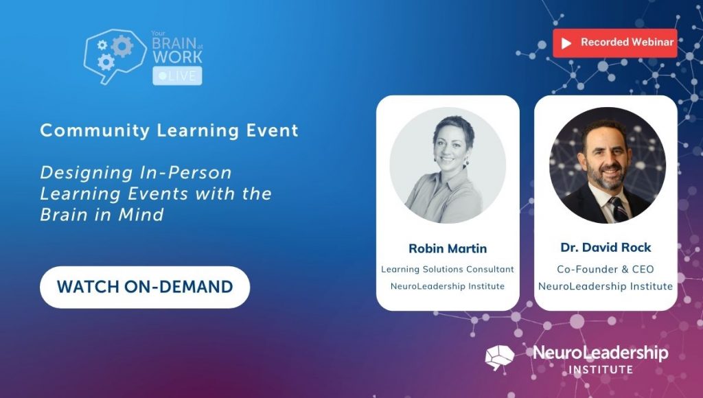 An advertisement for the on-demand version of a webinar titled "Designing In-Person Learning Events with the Brain in Mind"