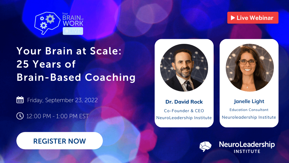 An advertisement for an upcoming event titled "Your Brain at Scale: 25 Years of Brain-Based Coaching"