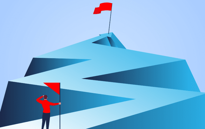illustration of Businessman holding a flag looking at the flag farther from the top of the arrow