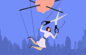 An illustration of a woman cutting the strings she's being held up by