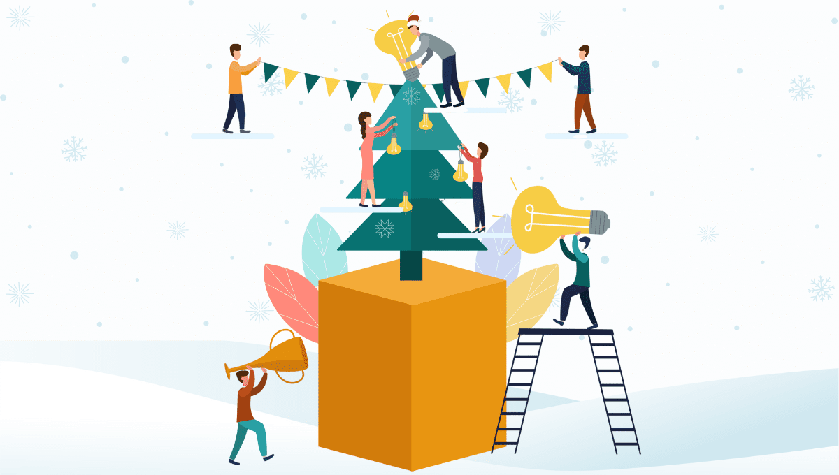An illustration of a group of people putting light bulbs on a Christmas tree