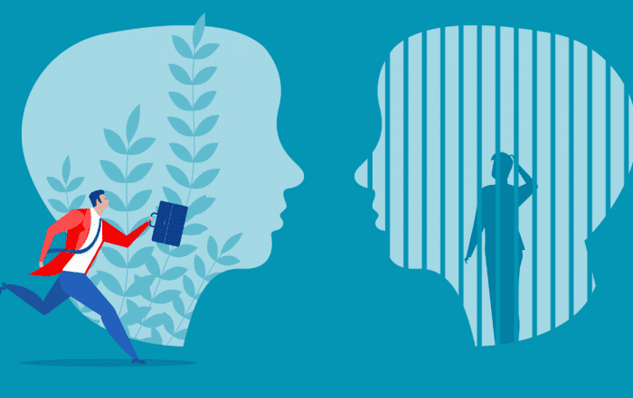 An illustration of a man outside of a growth mindset versus a man locked behind bars