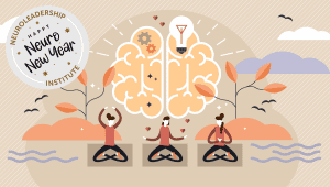 An illustration of three women sitting in yoga poses in front of a healthy brain