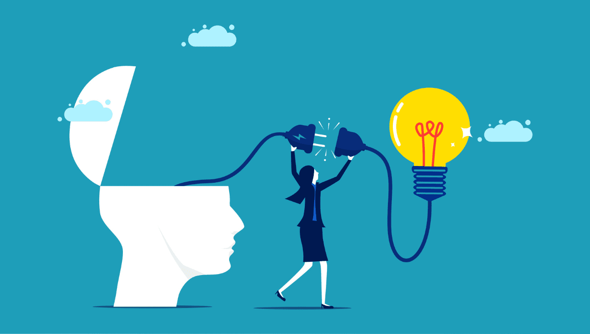 An illustration of a woman connecting the power between an open mind and a lightbulb