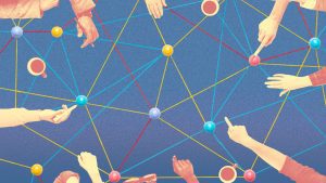 An illustration of a group of hands working together on an interwoven web.