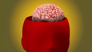A red figure's head is open with the brain being exposed