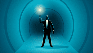 Businessman walking in the dark tunnel holding a torch stock illustration